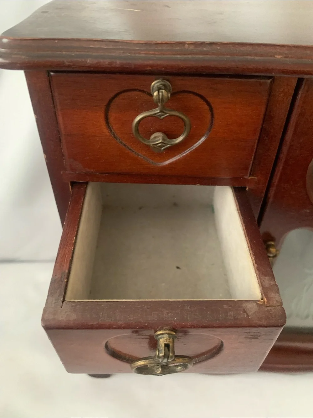 Vintage Mahogany Jewelry Box Rotating Necklace Holder 4 Heart Drawers Mirror